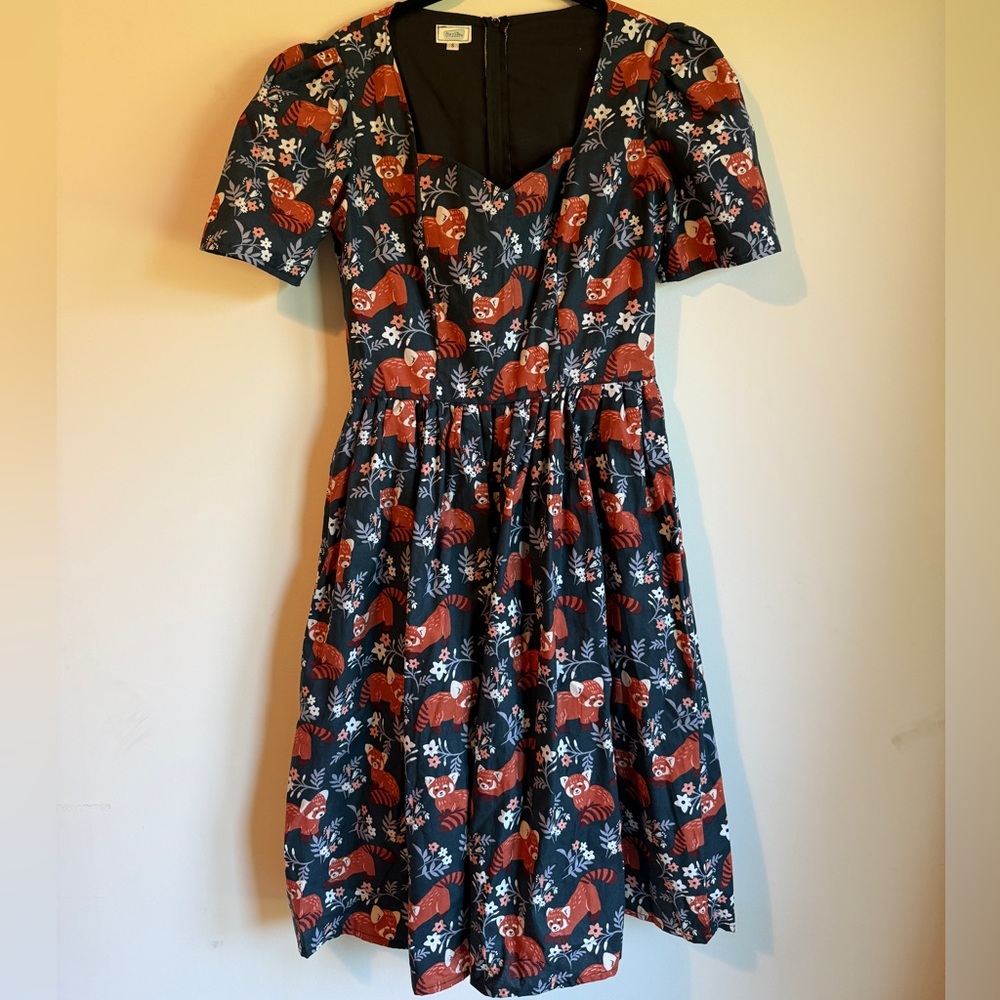 Ains & Elke Red Panda Print Retro Style Short Sleeve Dress